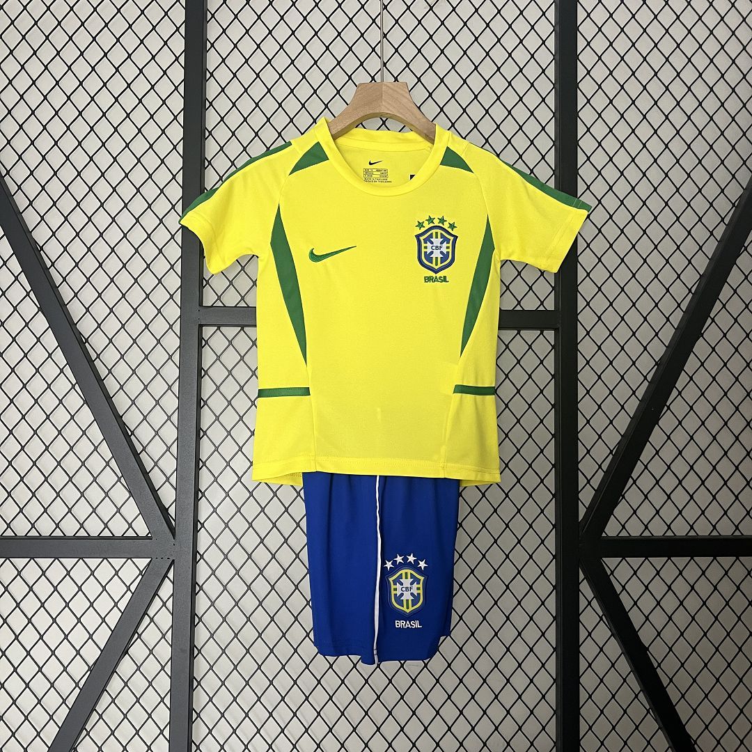 Brazil Retro Jersey Home Uniform Kids Kit Jersey+Shorts World Cup 2002